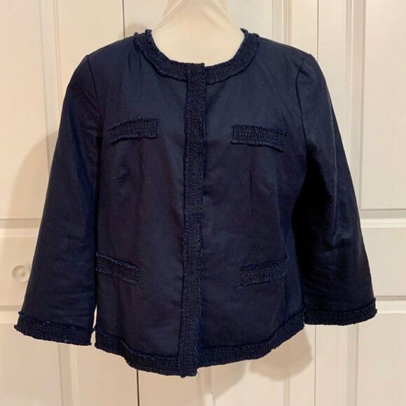 Talbots Navy Blue Jacket Linen Blend Collarless Textured Trim Size 16 - Picture 1 of 11